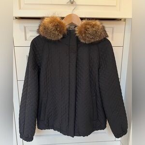 Burberry Black Diamond Quilted Jacket with Removable Natural Raccoon Fur Collar